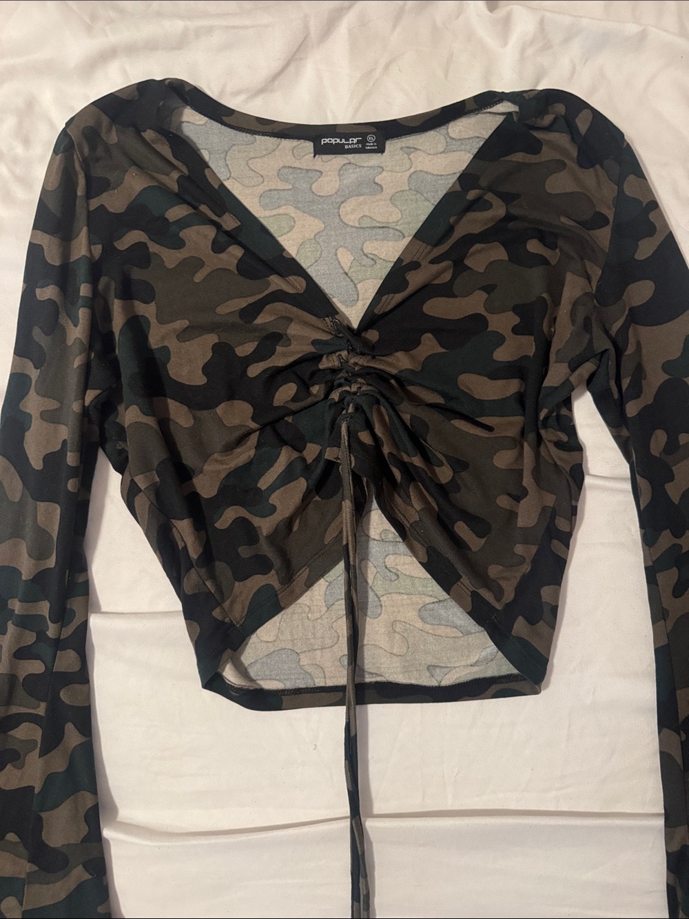 Camo Ruched Drawstring Long-Sleeve Crop Top - Green/Black
